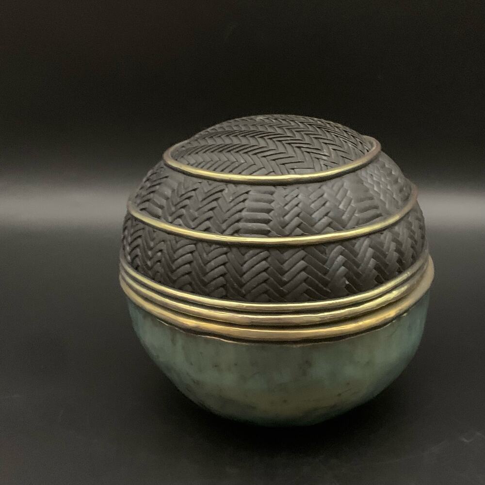 Candone Wharton Raku Pottery Basketweave & Glaze Vessel Bowl SIGNED with Lid - Picture 3 of 16
